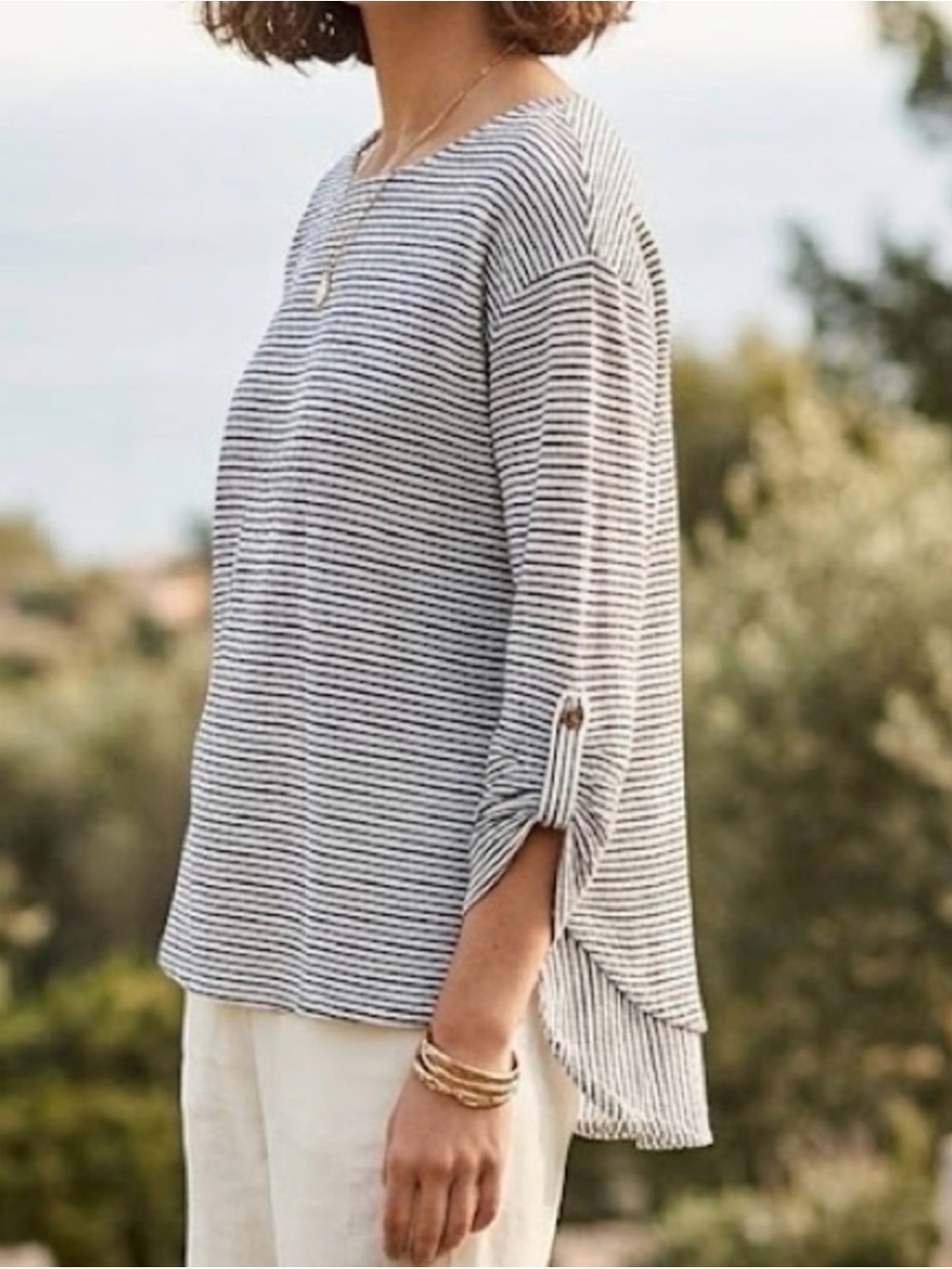 Adrienne Vittadini Blue & White Striped Linen Shirt, Women’s Size Small Roll Tab